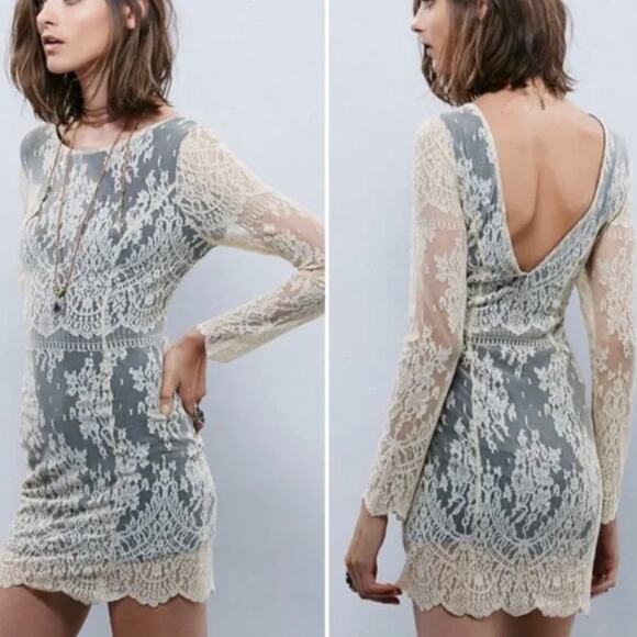 NWOT Free People Lace Boho Mini Dress - Tan and Black - Vintage Inspired - M - Picture 1 of 8